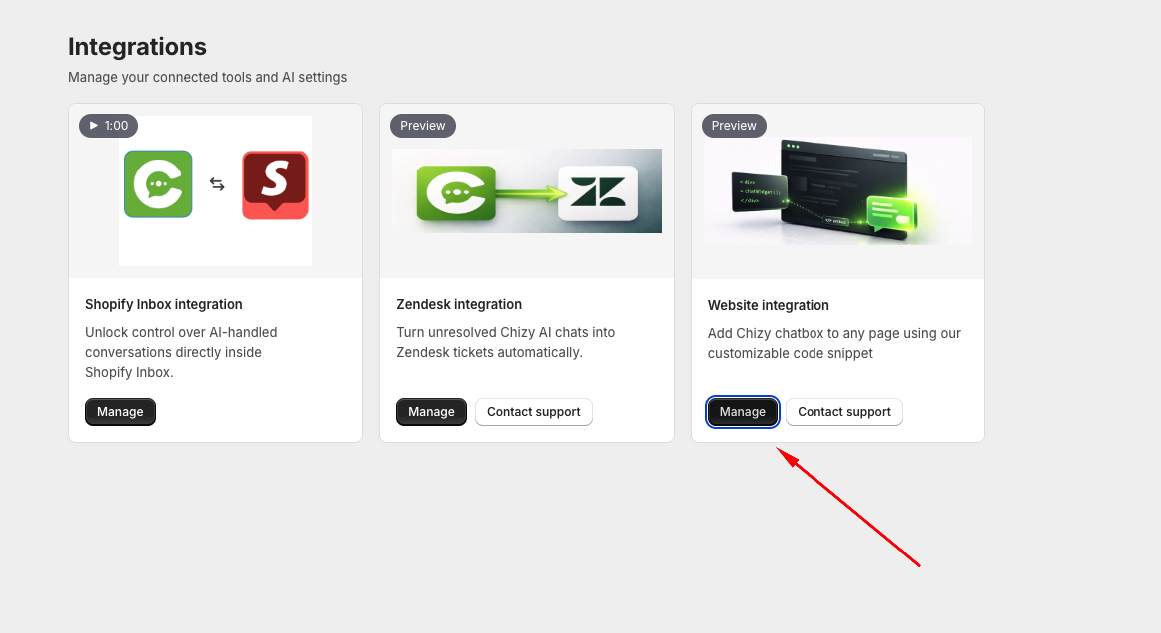 Advanced Features → Integrations, with the Website integration card and its Manage button