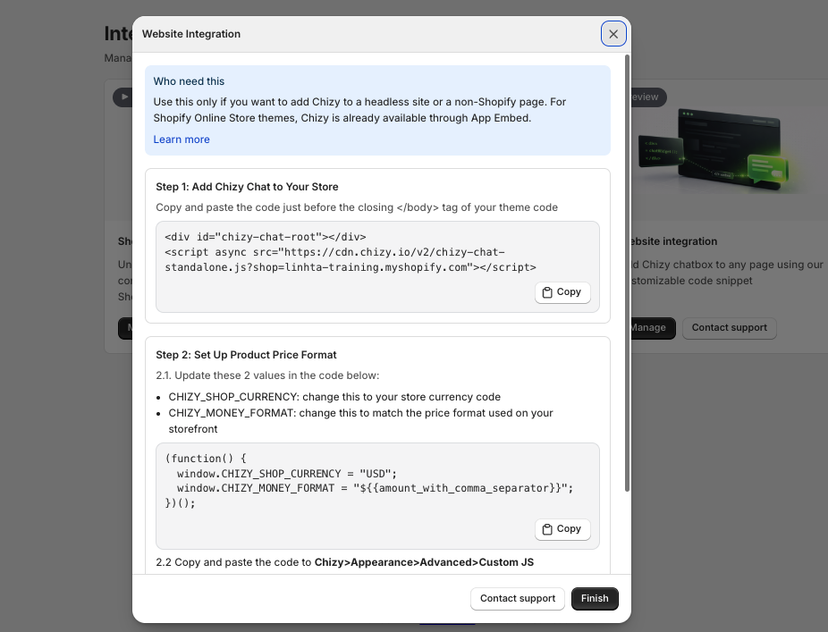 The Website integration Manage window showing the embed snippet and price-format code