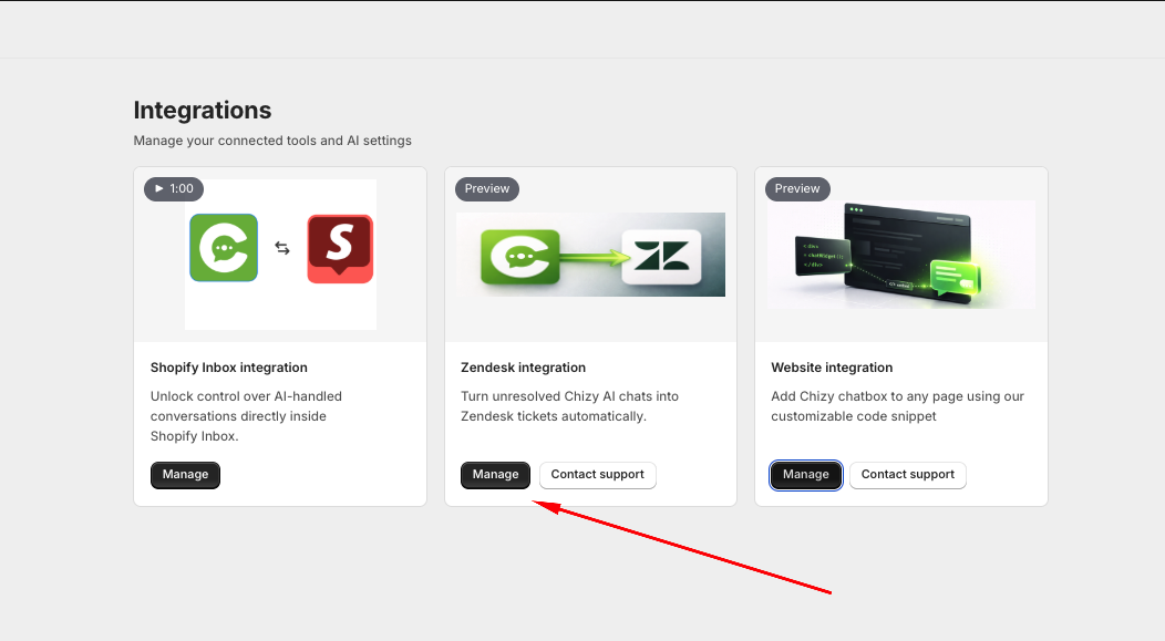 Advanced Features → Integrations, with the Zendesk integration card and its Manage button