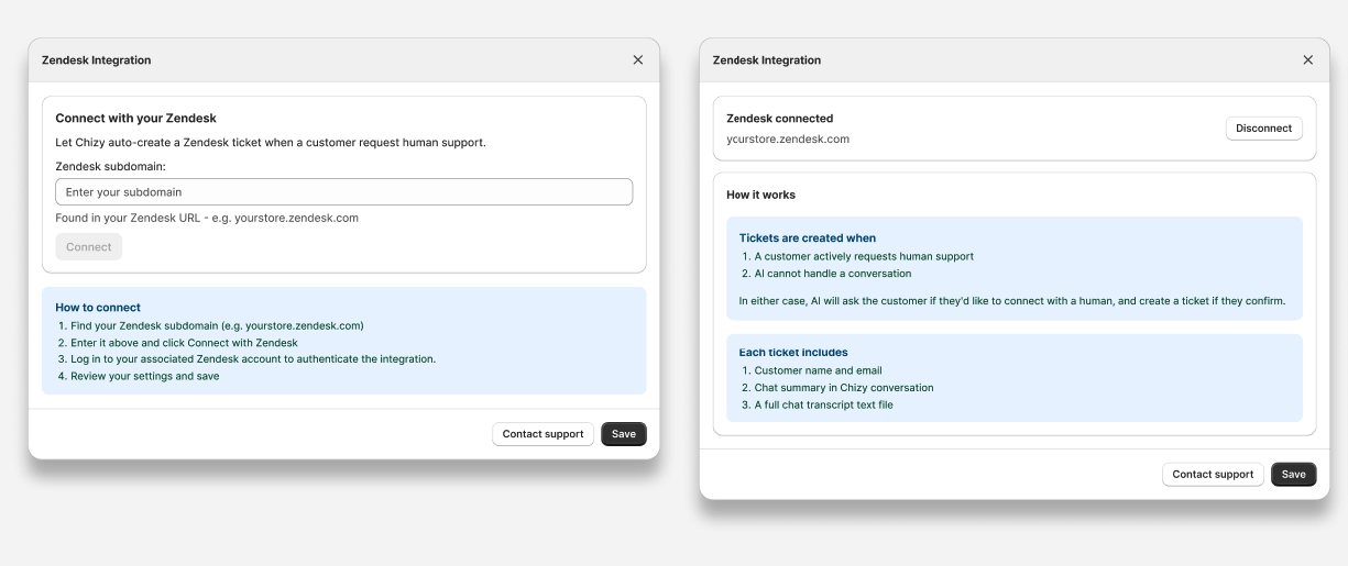 The Zendesk integration window showing the subdomain field and the Connect button